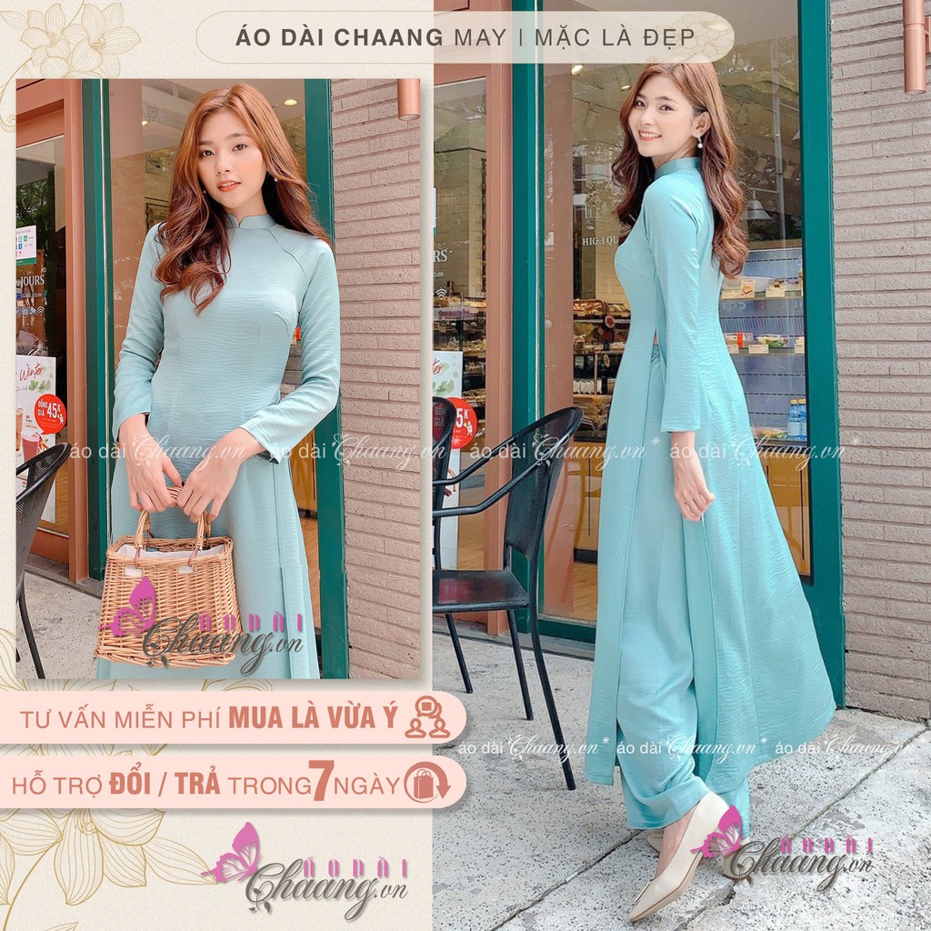 Áo dài lụa tuyết xanh đá Chaang may sẵn áo dài dáng truyền thống Việt Nam dự tiệc lễ tết đẹp