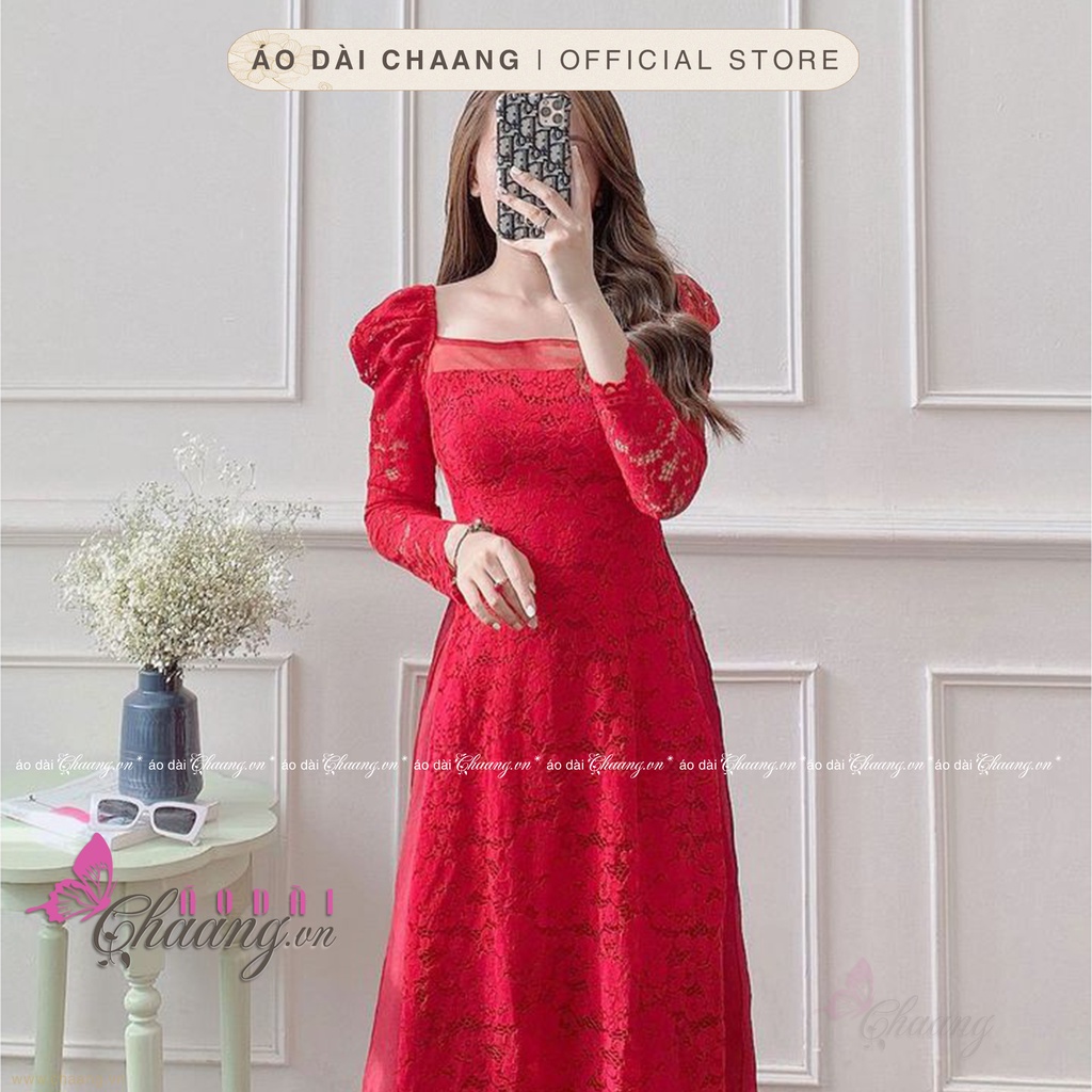 Áo Dài Đỏ Cách Tân Nữ Ren Phủ 4 Tao Cấp Cổ Voon Vuông Trễ Tay Vai Bồng Dài Dự Tiệc Lễ Tết Đẹp