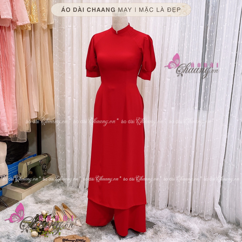 Áo Dài Cách Tân Nữ Tay Bồng Măng Séc Đỏ Mặc Dự Tiệc Lễ Tết Du Xuân Đẹp