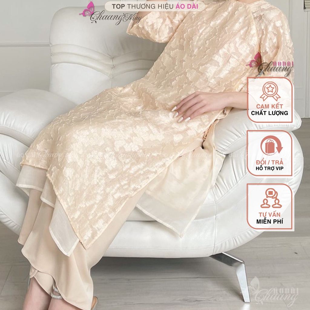 Áo Dài Cách Tân Nữ Vân Nổi Phối Tay Loe Chaang May Sẵn Họa Tiết Nổi Bật Dự Tiệc Lễ Tết Đẹp Sang Trọng