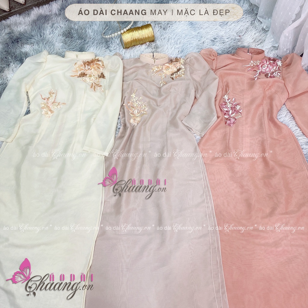 Áo Dài Cách Tân Nữ Thiết Kế Tay Bồng Lụa Tơ Hồng Da Nude Be 4 Tà Ren Hoa Cao Cấp Dự Tiệc Lễ Tết Đẹp