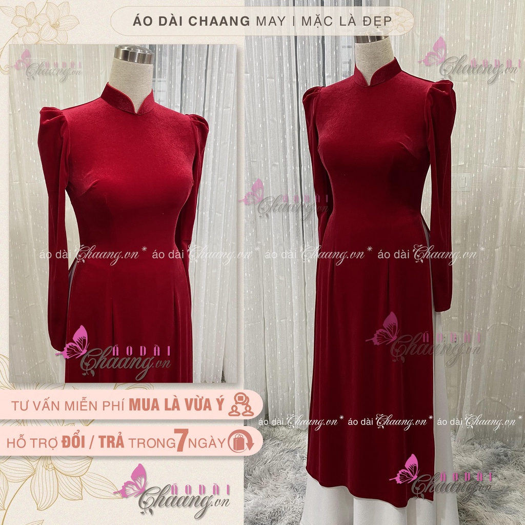 Áo dài nhung đỏ vai bồng may sẵn dáng truyền thống cổ cao tay phồng dài đẹp