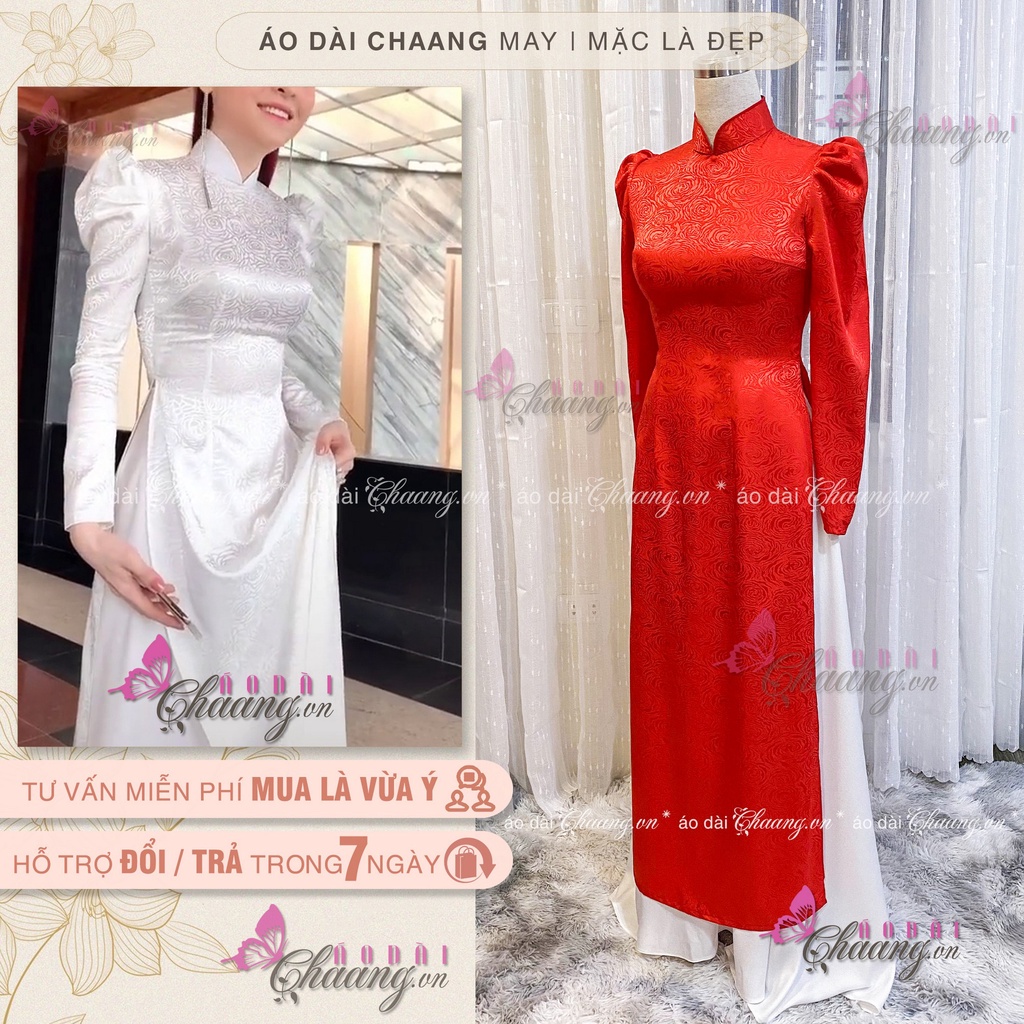 Áo dài gấm tơ vai bồng đẹp truyền thống may sẵn họa tiết xoán ốc co giãn cao cấp