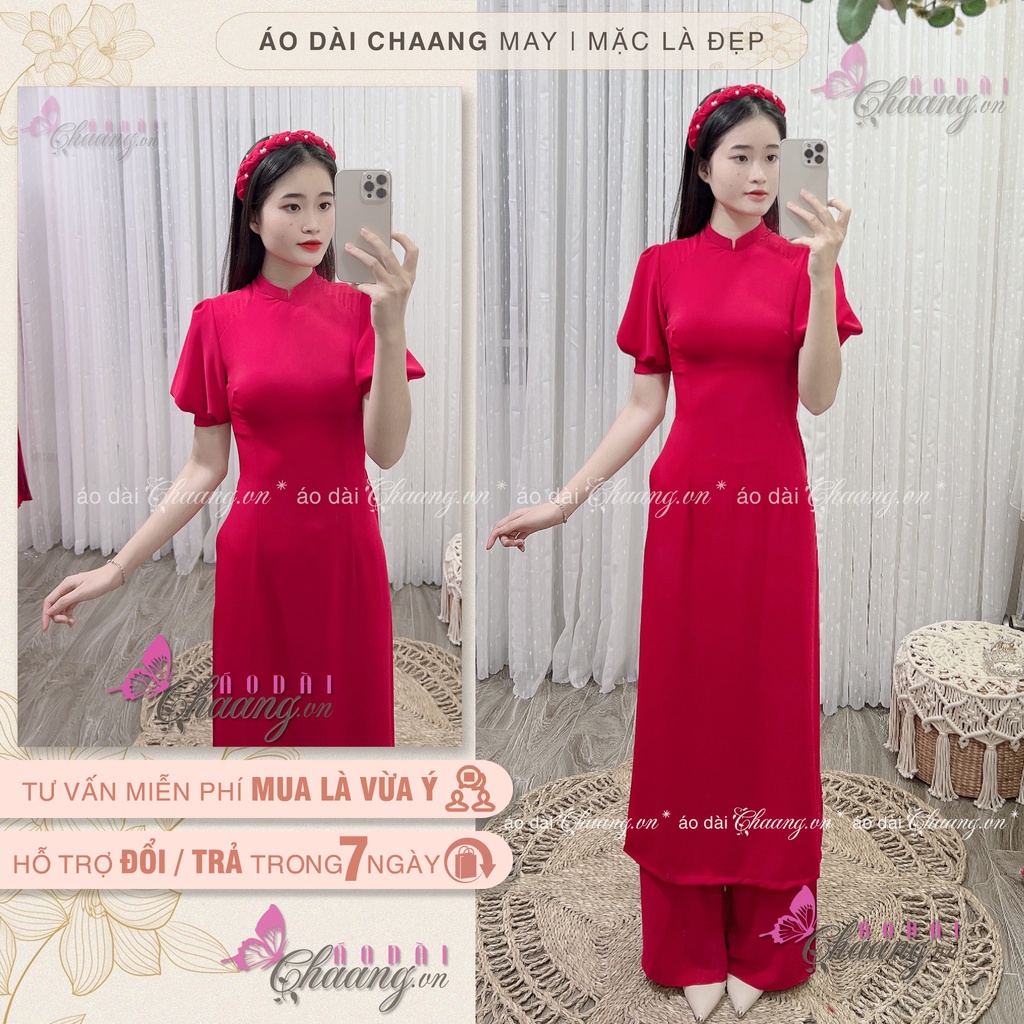 Áo Dài Cách Tân Nữ Tay Bồng Măng Séc Đỏ Mặc Dự Tiệc Lễ Tết Du Xuân Đẹp