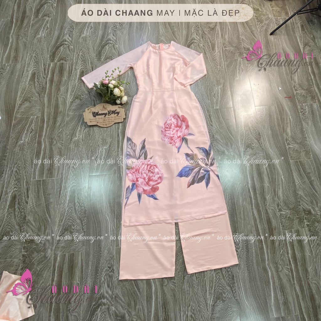 Áo Dài Cách Tân Nữ 4 Tà Hoa Hồng Bự Thiết Kế Cổ Tròn Tay Lỡ Lụa Tơ Óng Đẹp