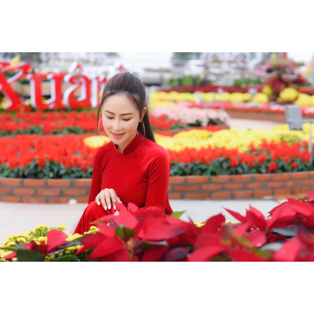 Áo dài nhung đỏ Chaang may sẵn vải áo dài truyền thống co giãn dễ mặc dự tiệc lễ tết đẹp
