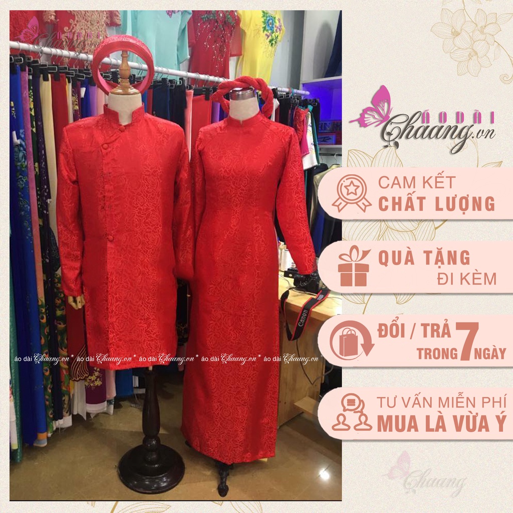 Áo dài đỏ trắng cặp đôi nam nữ Chaang May sẵn vải áo dài gấm trơn tân lang tân nương dự tiệc cưới lễ tết đẹp ADC123