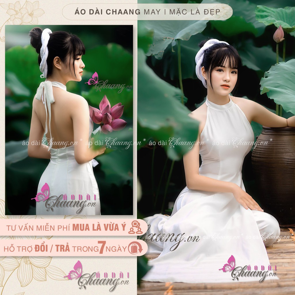 Áo dài cổ yếm đỏ khoét hở lưng CHAANG may sẵn dáng truyền thống vải lụa chụp sen dự tiệc lễ tết đẹp ADC206