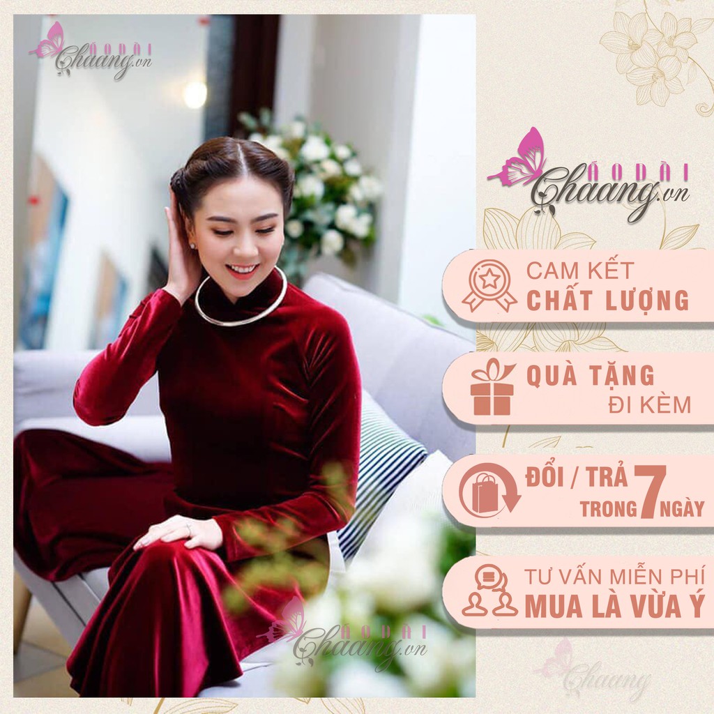 Áo Dài Nhung Đỏ Đô Đậm Truyền Thống May Sẵn Dự Tiệc Lễ Tết Đẹp Quý Phái