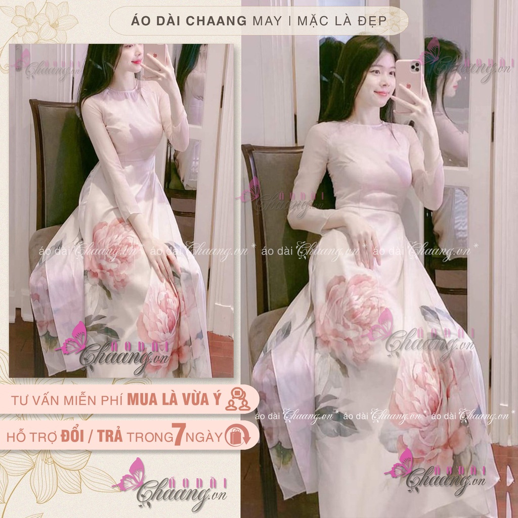 Áo Dài Cách Tân Nữ 4 Tà Hoa Hồng Bự Thiết Kế Cổ Tròn Tay Lỡ Lụa Tơ Óng Đẹp