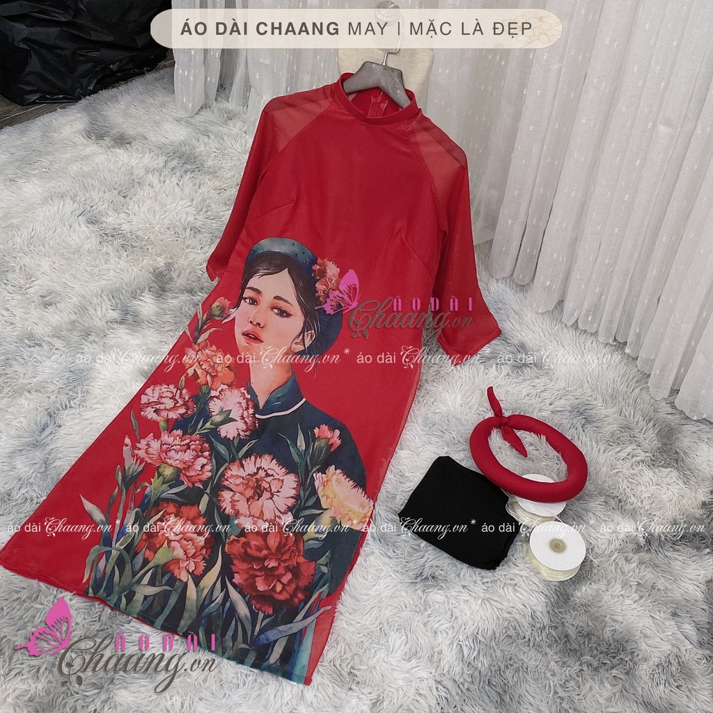 Áo Dài Tết Cách Cách Nữ Hình Cô Gái Thiết Kế 4 Tà Lụa Tơ Óng Đỏ Đẹp