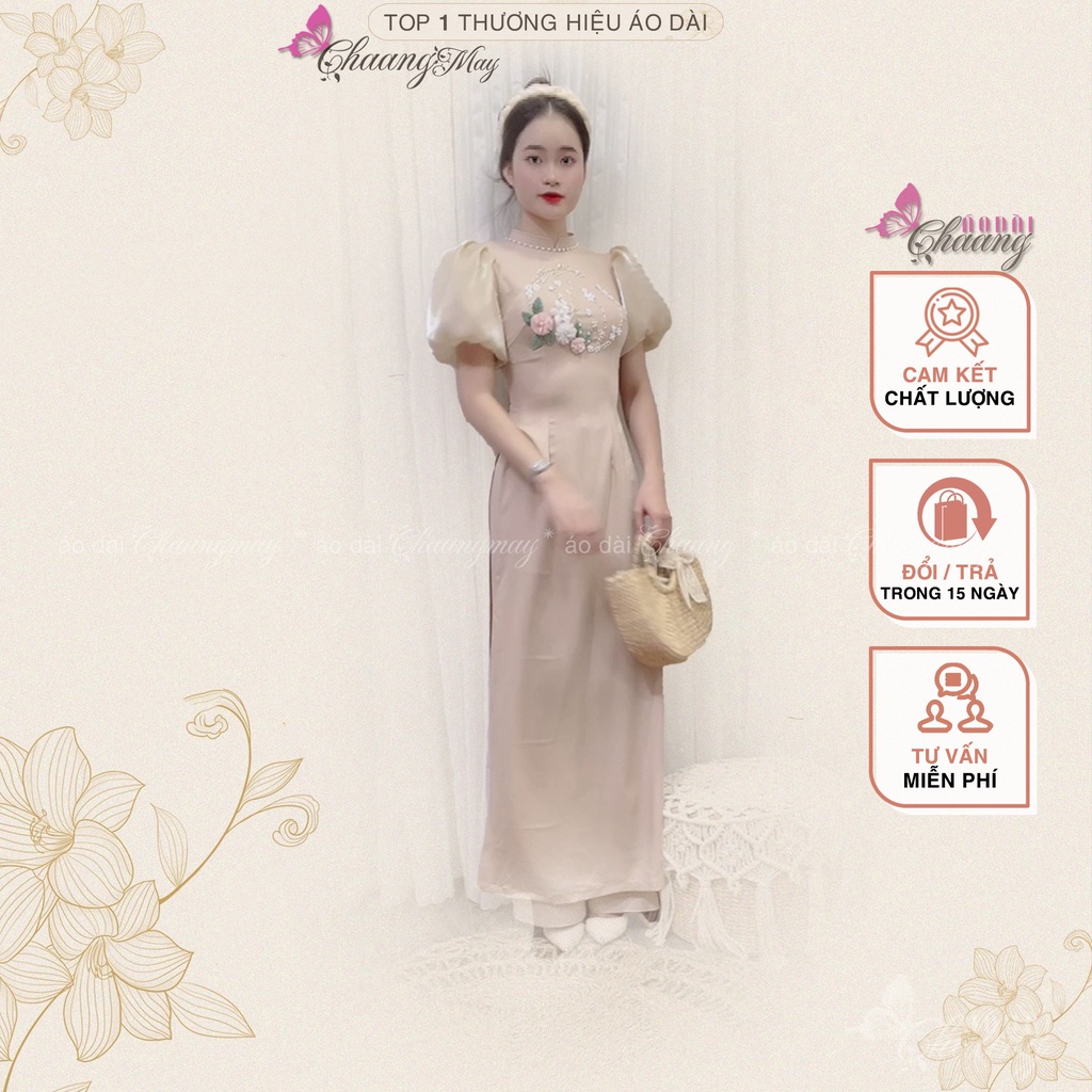 Áo dài cách tân truyền thống nữ Chaang may sẵn lụa tây thi tay tơ bồng đính hoa dự tiệc lễ tết đẹp