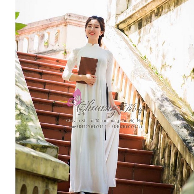 Áo dài trắng nữ học sinh 4 tà đi học Chaang may sẵn áo dài truyền thống lụa tằm cổ vuông tay lỡ đẹp