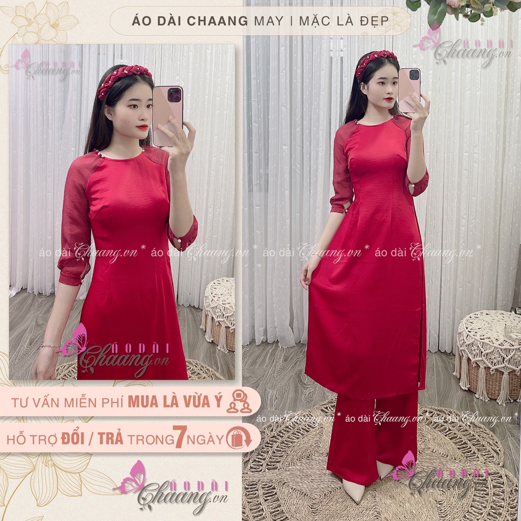 Áo Dài Cách Tân Nữ CHAANG May sẵn 2 Tà Tay Tơ Lụa Phối Đỏ Đô Đẹp ACT422