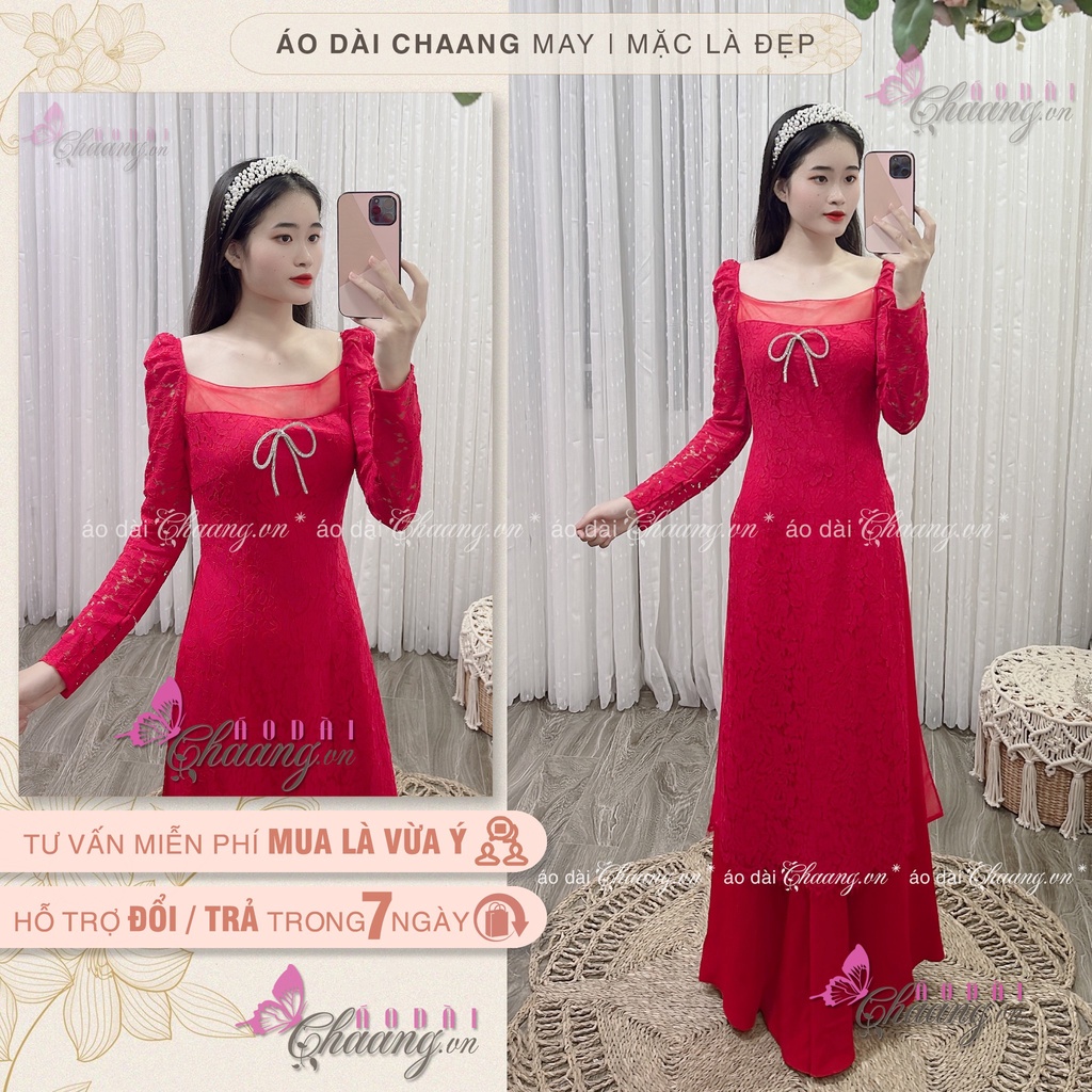 Áo Dài Đỏ Cách Tân Nữ Ren Phủ 4 Tao Cấp Cổ Voon Vuông Trễ Tay Vai Bồng Dài Dự Tiệc Lễ Tết Đẹp