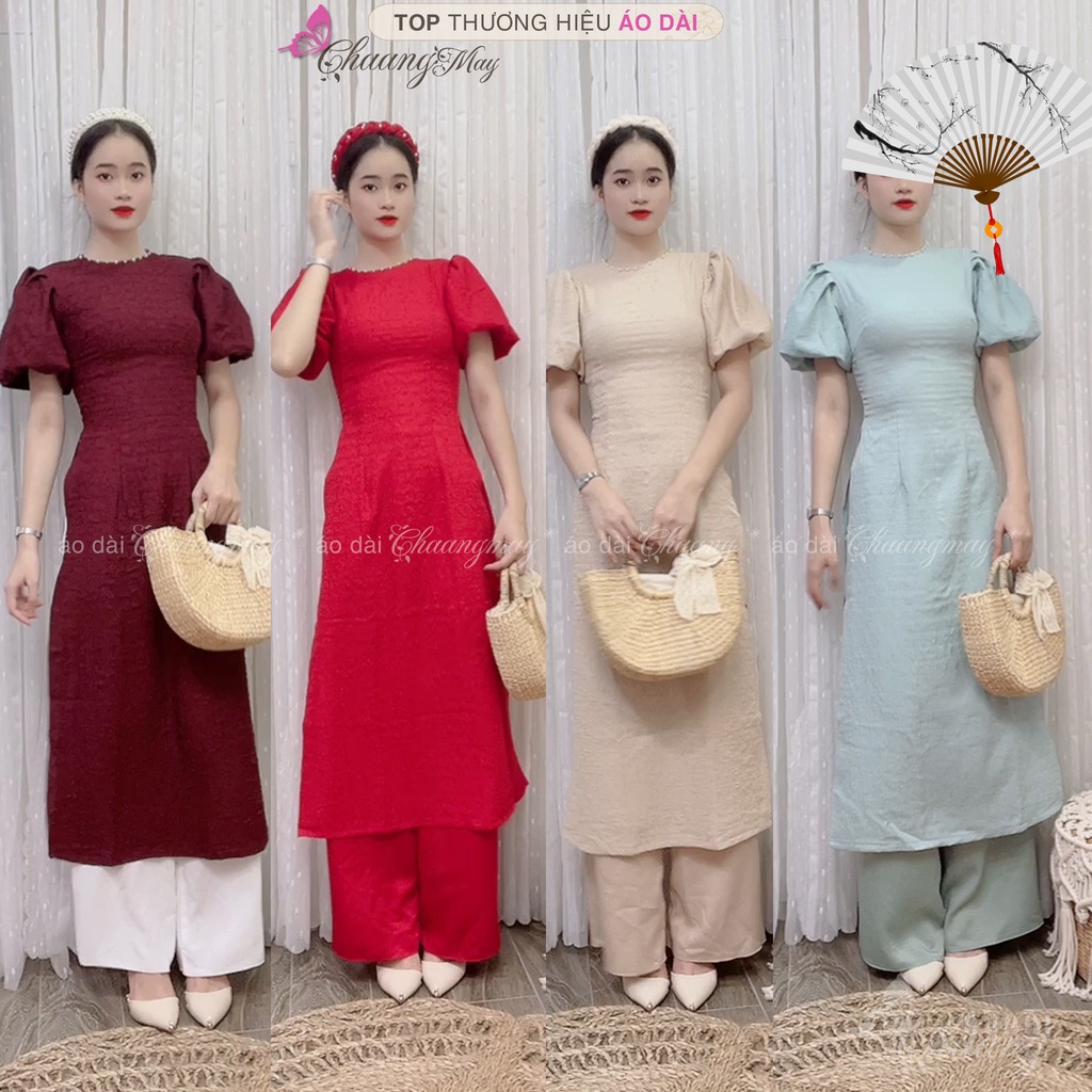 Áo Dài Cách Tân Nữ Sương Mai Thiết Kế Tằm Xốp Tay Chuông Thun Bồng Mặc Dự Tiệc Lễ Tết Đẹp