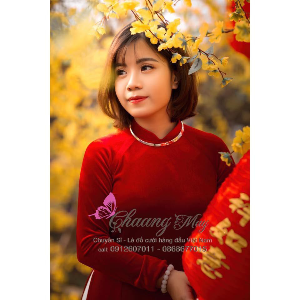 Áo dài nhung đỏ vai bồng may sẵn dáng truyền thống cổ cao tay phồng dài đẹp