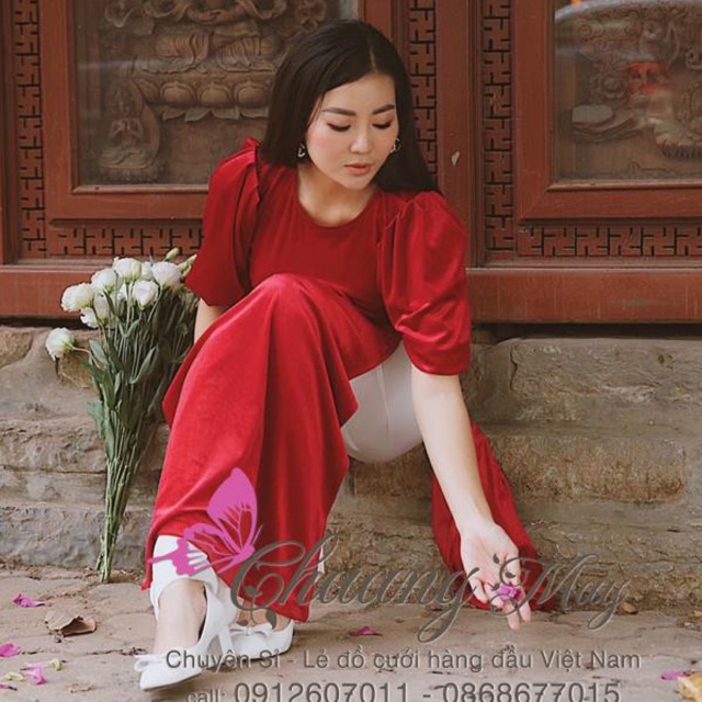 Áo Dài Nhung Cách Tân Nữ May Sẵn Tay Bèo Thun Bồng Sang Trọng Mặc Dự Tiệc Lễ Tết Đẹp