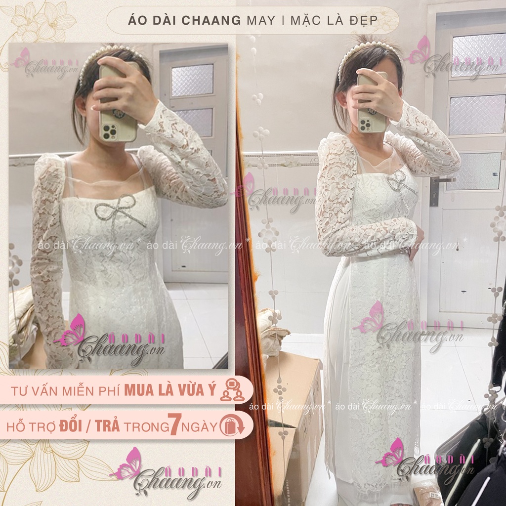 Áo Dài Đỏ Cách Tân Nữ Ren Phủ 4 Tao Cấp Cổ Voon Vuông Trễ Tay Vai Bồng Dài Dự Tiệc Lễ Tết Đẹp