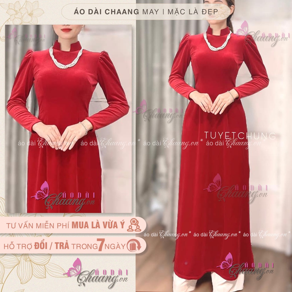 Áo dài nhung đỏ đô CHAANG May sẵn áo dài cổ vuông hở tay phồng đẹp, vải truyền thống cao cấp