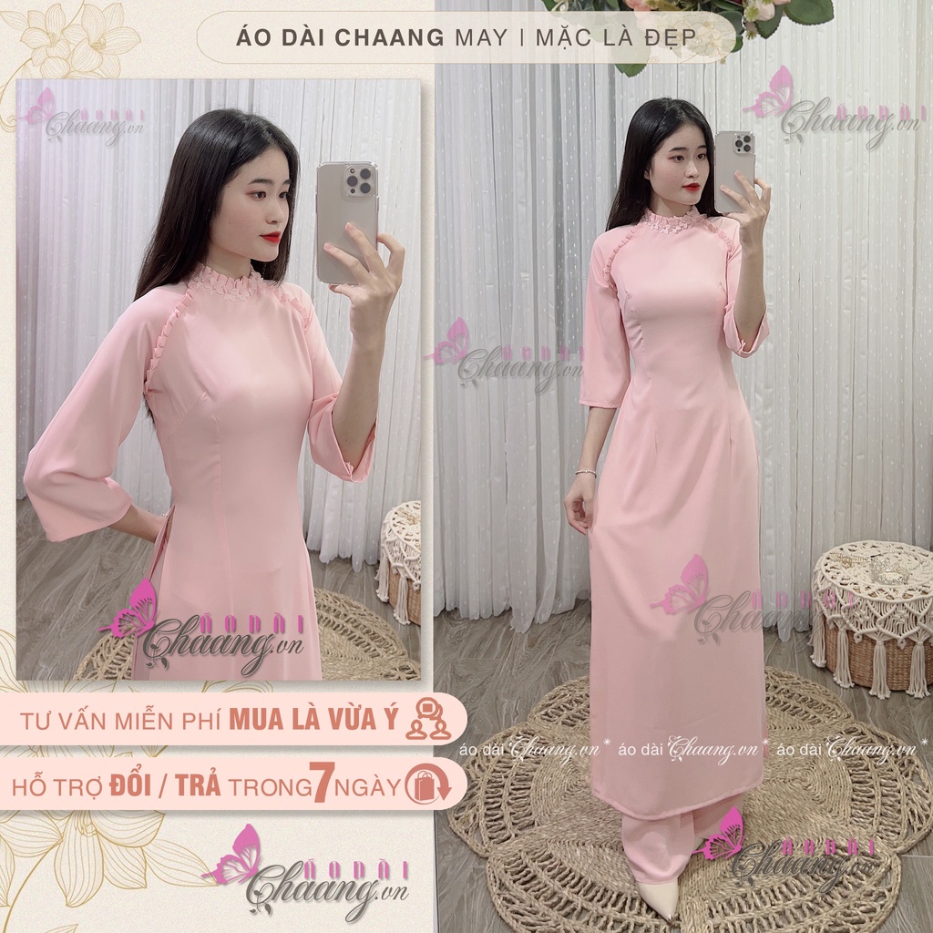 Áo Dài Cách Điệu Cổ Xếp Đính Hoa Màu Hồng Phấn Dáng Truyền Thống Đẹp C-AD320