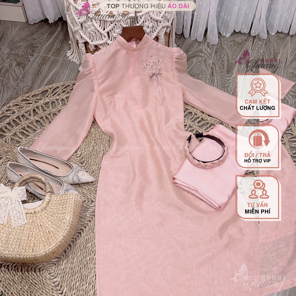 Áo Dài Cách Tân Nữ Hoa Xếp Nhẹ Thủ Công Chaang May Thiết Kế Sẵn Lụa Tơ Tay Cánh Tiên Dự Tiệc Lễ Tết Xinh Đẹp