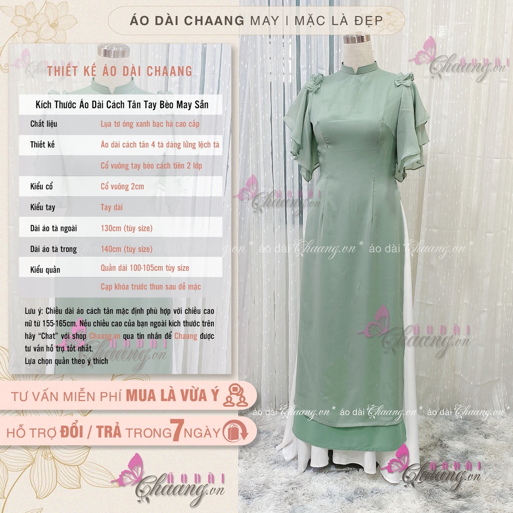 Áo dài cách tân nữ công sở Áo dài 4 tà tay loe cánh tiên lụa tơ óng xanh Mint đẹp