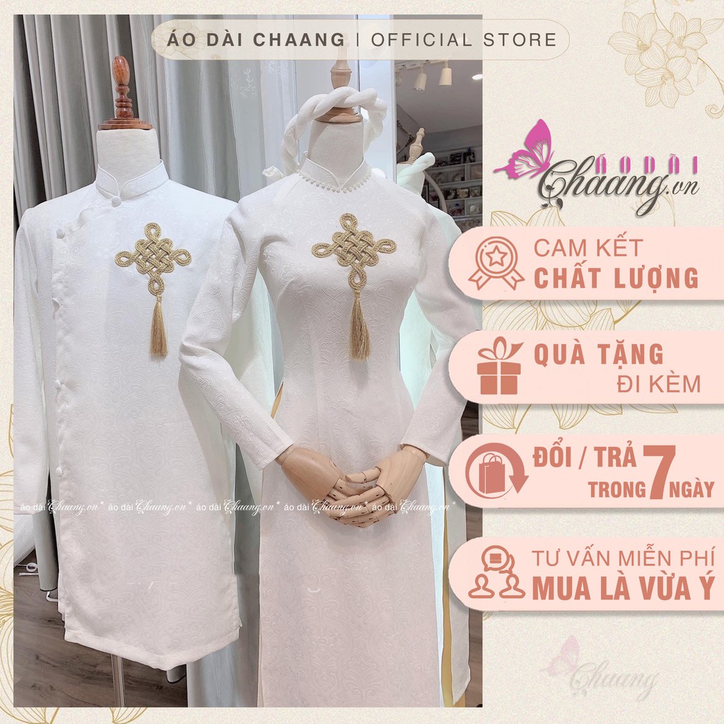 Áo dài cặp đôi cô dâu chú rể Chaang May thiết kế vải gấm đính họa tiết đồng tiền cao cấp dự tiệc cưới lễ tết đẹp ADC125