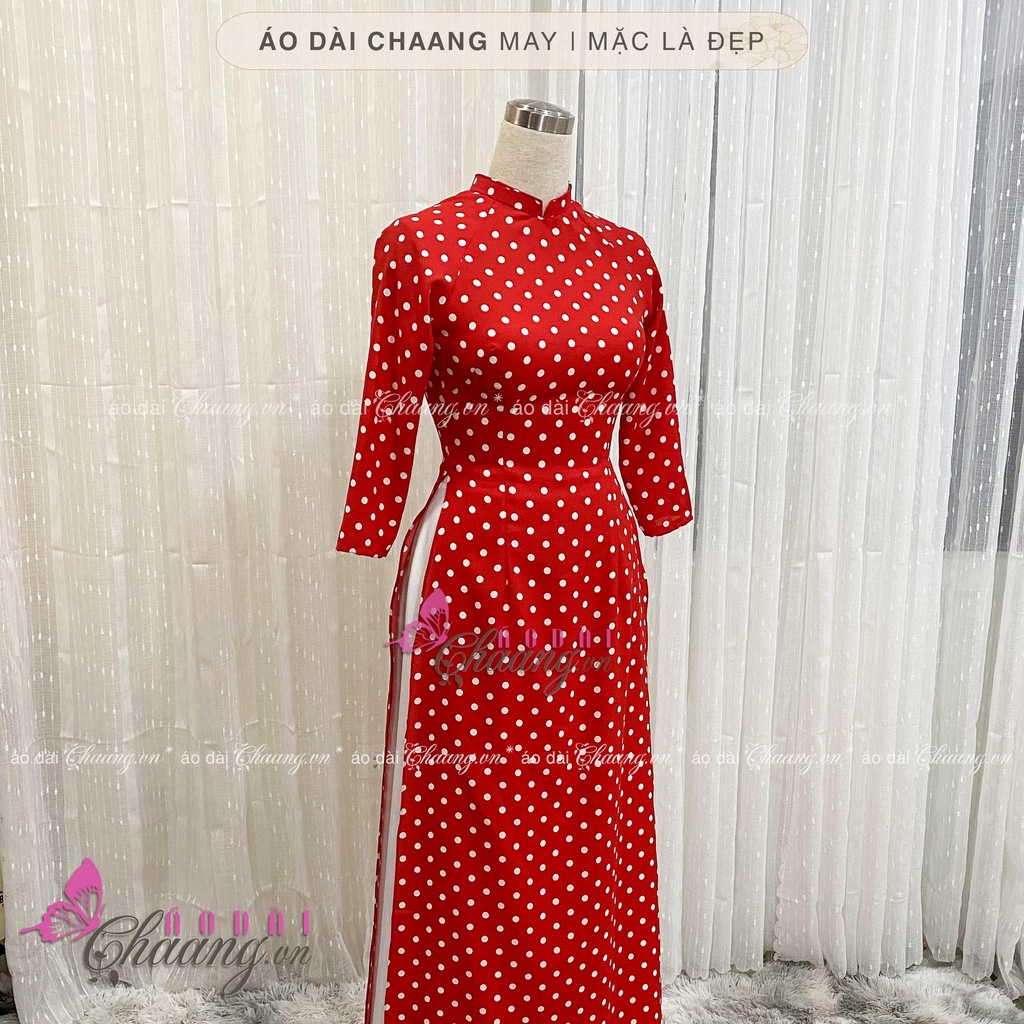 Áo Dài Đỏ Tươi Chấm Bi Trắng May Sẵn Áo Dài Truyền Thống Cổ Vuông Tay Lỡ Lụa Mặc Tết Đẹp