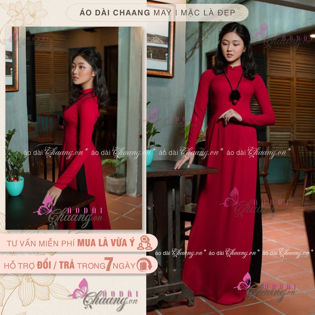 Áo Dài Đỏ Đô Đẹp Truyền Thống May Sẵn Cổ Vuông Vải Lụa Tằm Mỹ Cao Cấp DD021