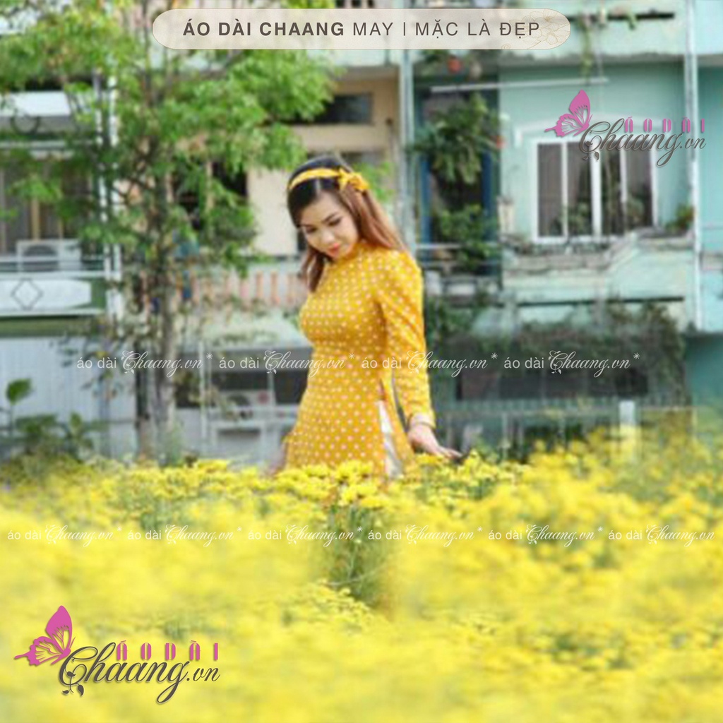 Áo Dài Truyền Thống Chấm Bi Vàng Vai Bồng May Sẵn Lụa Thái Cổ Vuông Đẹp ChaangBi08