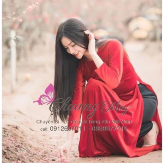 Áo dài cổ tròn đính đá ngọc Chaang May sẵn áo truyền thống vải nhung đỏ đô tươi đẹp