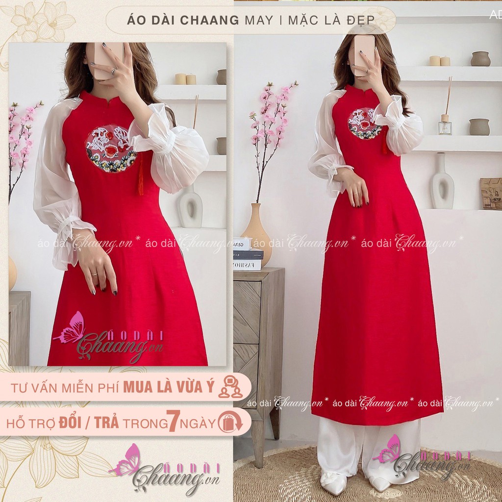 Áo Dài Cách Tân Nữ Lụa Đỏ Vàng Tay Bồng Tơ Nhũ Trắng May Sẵn Dự Tiệc Du Xuân Lễ Tết Đẹp