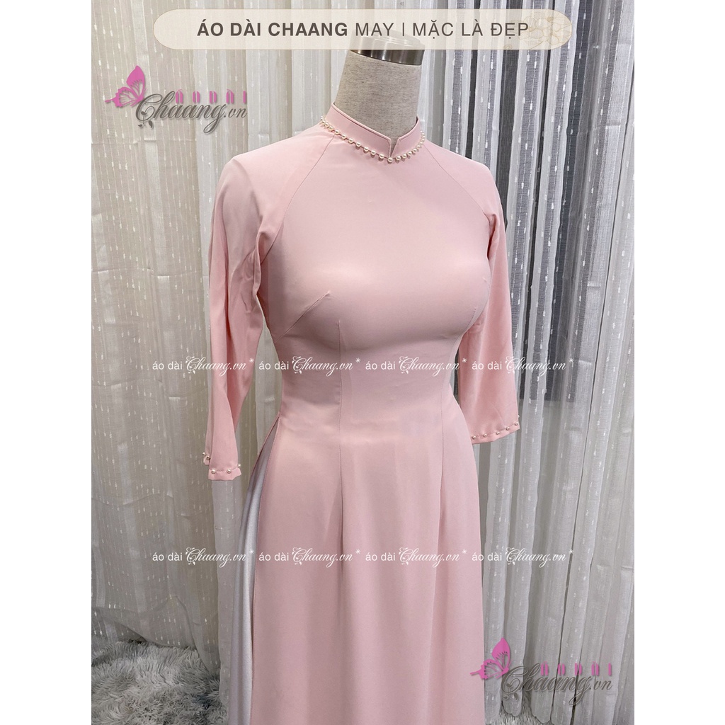 Áo dài truyền thống màu hồng Chaang May sẵn kiểu áo cổ vuông tay lỡ vải lụa tằm dự tiệc lễ tết đẹp