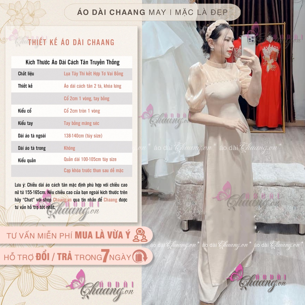 Áo Dài Cách Tân Nữ Nude Sang Trọng Tay Tơ Bồng Có Cổ Tròn Liền Cách Điệu Đẹp C-AD422