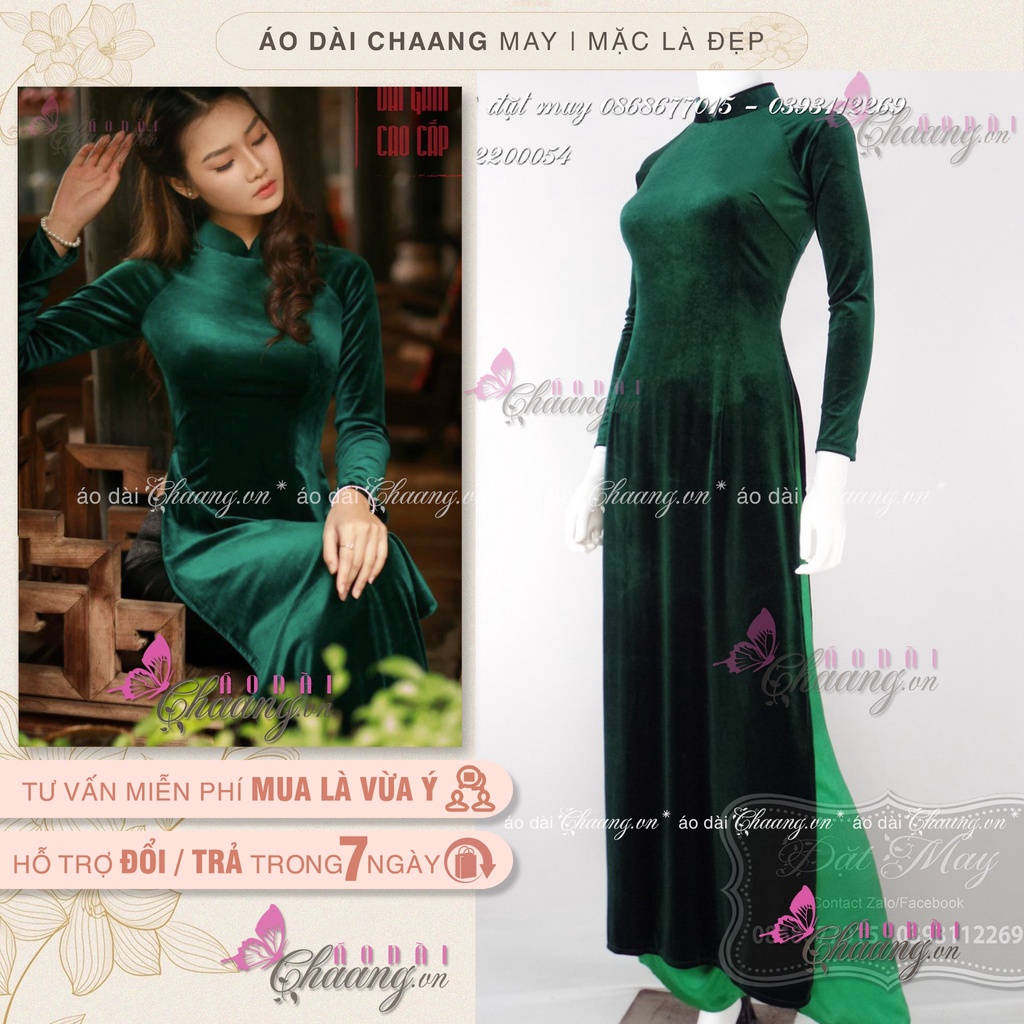 Áo dài xanh vải nhung Chaang May sẵn vải áo dài tay co giãn truyền thống mặc dự tiệc lễ tết đẹp
