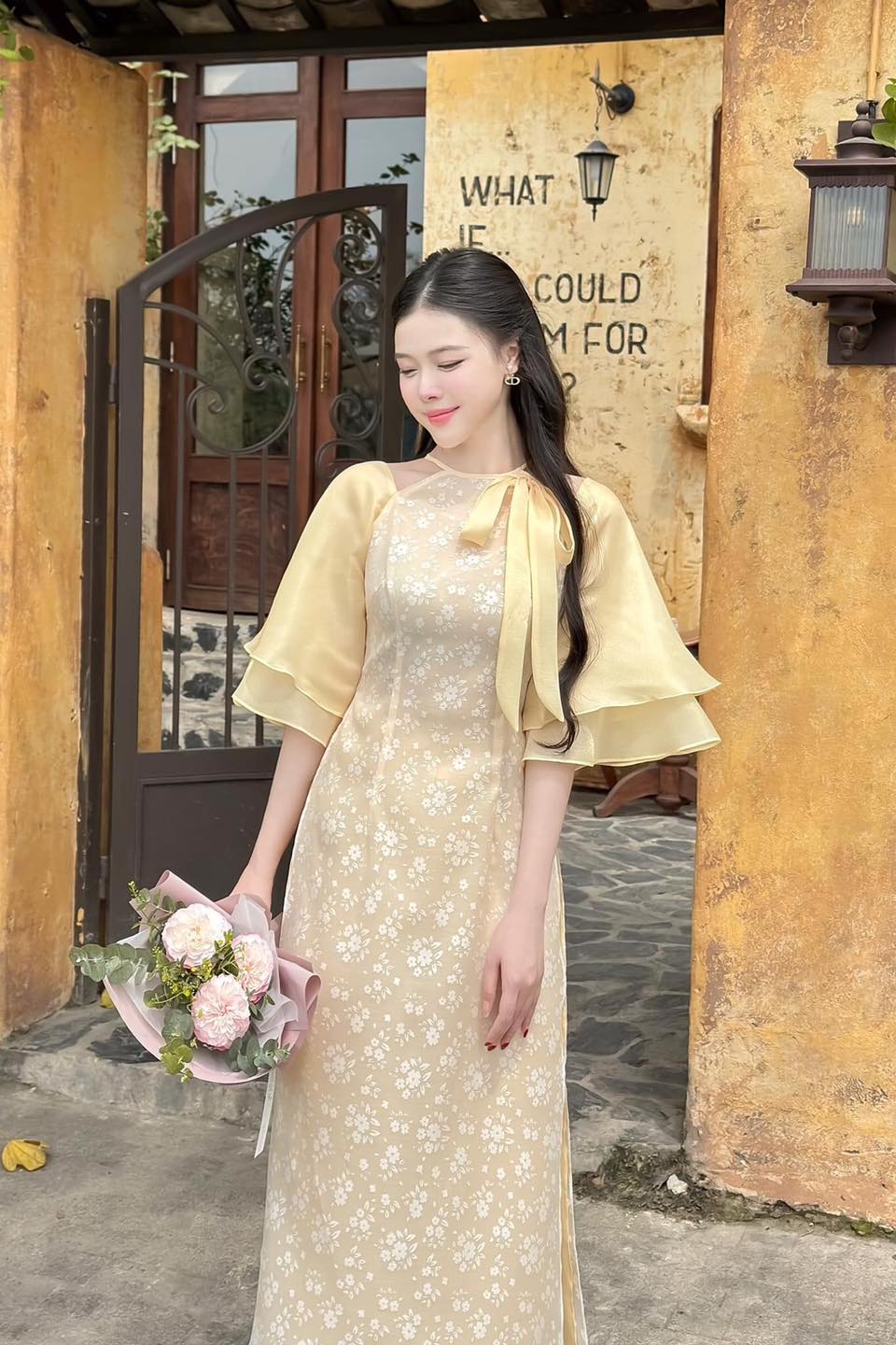 Áo dài cách tân nữ Tú Linh hoa nhí 4 tà CHAANG may sẵn áo dài Lụa tơ cổ nơ dự tiệc cưới lễ tết đẹp ADC809