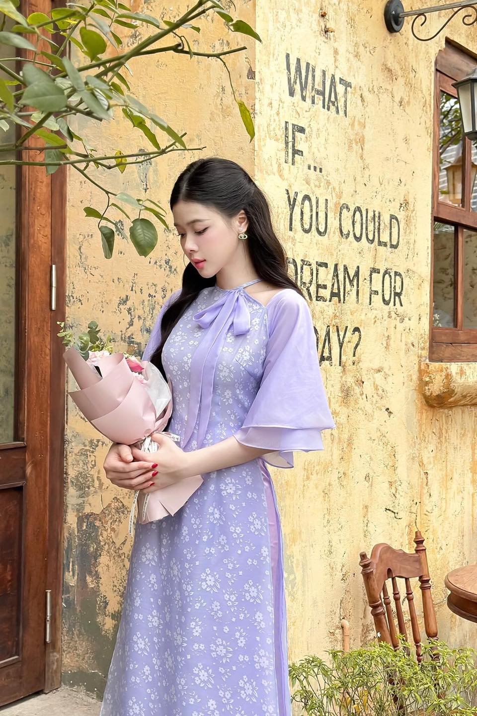 Áo dài cách tân nữ Tú Linh hoa nhí 4 tà CHAANG may sẵn áo dài Lụa tơ cổ nơ dự tiệc cưới lễ tết đẹp ADC809