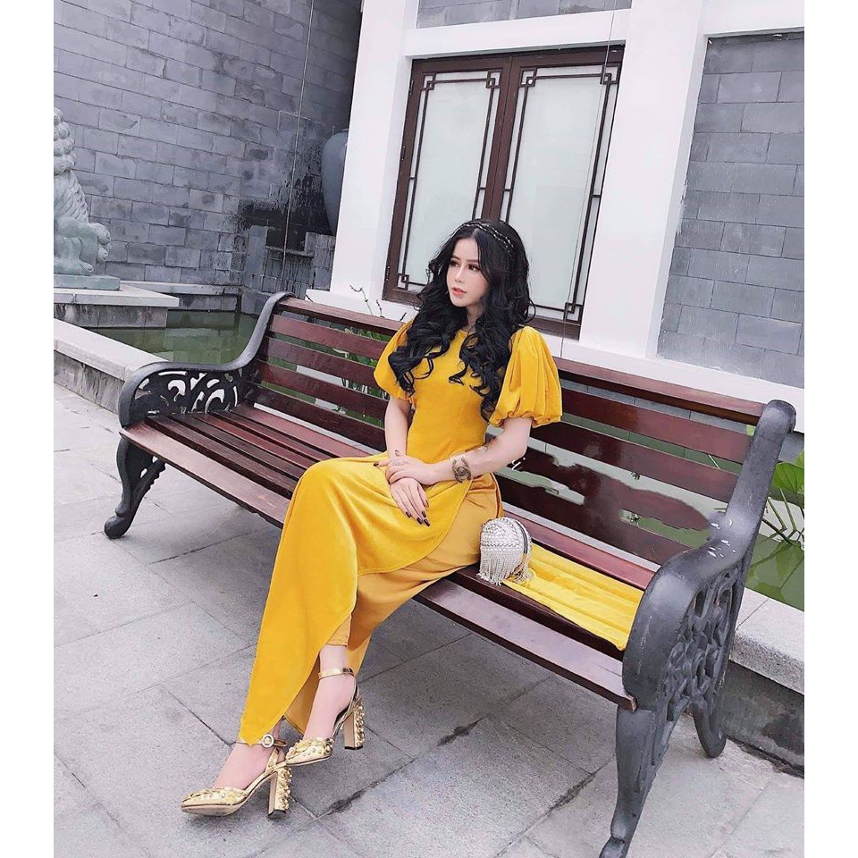 Áo Dài Nhung Cách Tân Nữ May Sẵn Tay Bèo Thun Bồng Sang Trọng Mặc Dự Tiệc Lễ Tết Đẹp