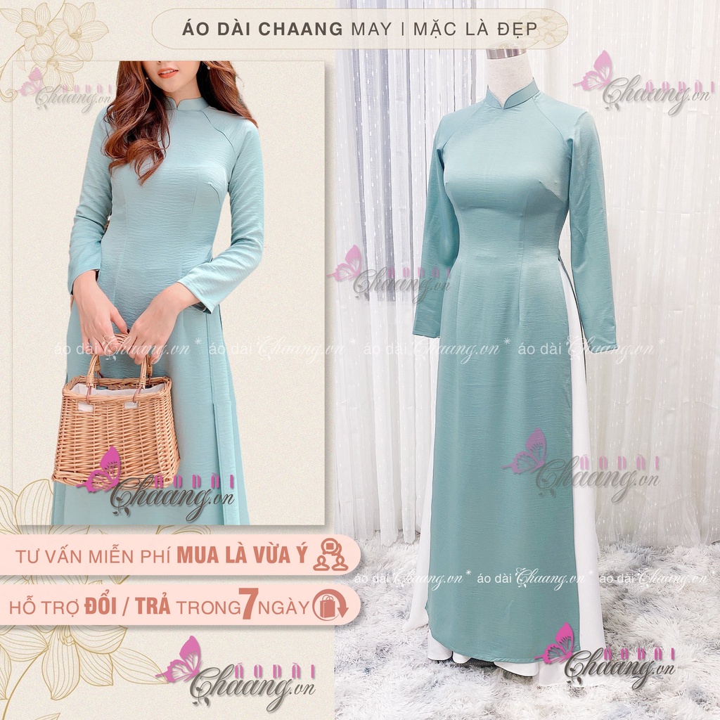 Áo dài lụa tuyết xanh đá Chaang may sẵn áo dài dáng truyền thống Việt Nam dự tiệc lễ tết đẹp
