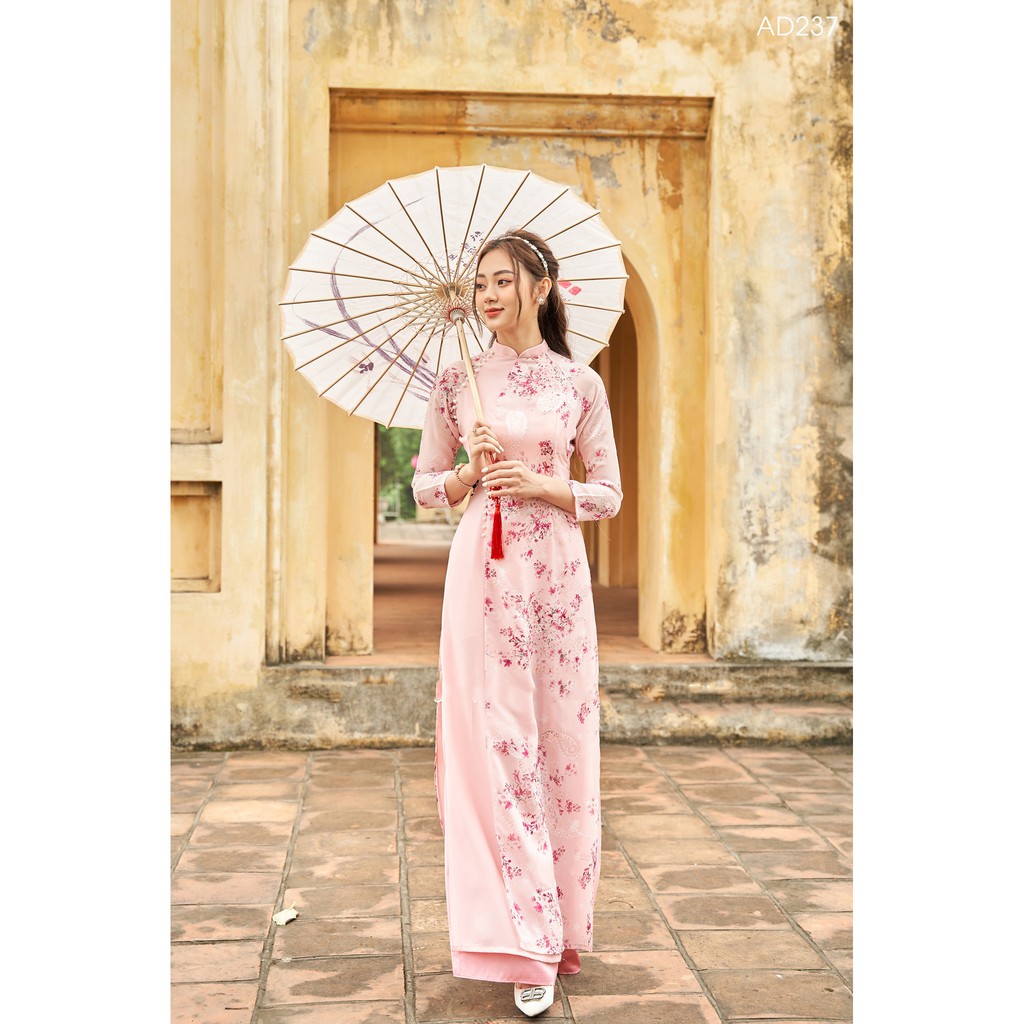 Áo Dài Hoa Nhí Châu Sa 4 Tà Truyền Thống May Sẵn Lụa tơ Mỹ Đẹp Đính Ngọc Cao Cấp