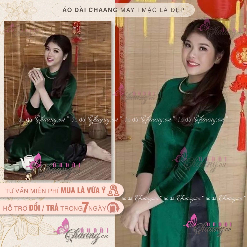 Áo dài nhung xanh CHAANG May sẵn xanh rêu sang trọng, vải co giãn mặc đẹp