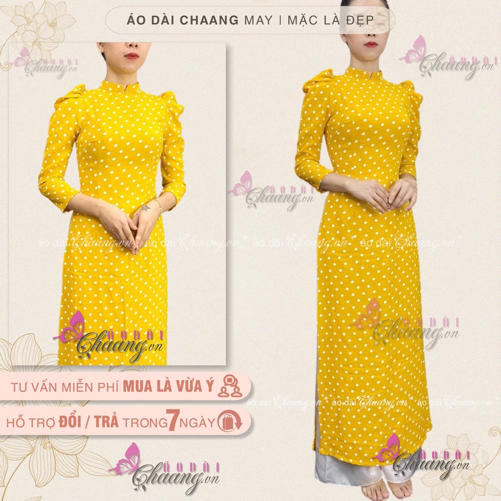 Áo Dài Truyền Thống Chấm Bi Vàng Vai Bồng May Sẵn Lụa Thái Cổ Vuông Đẹp ChaangBi08