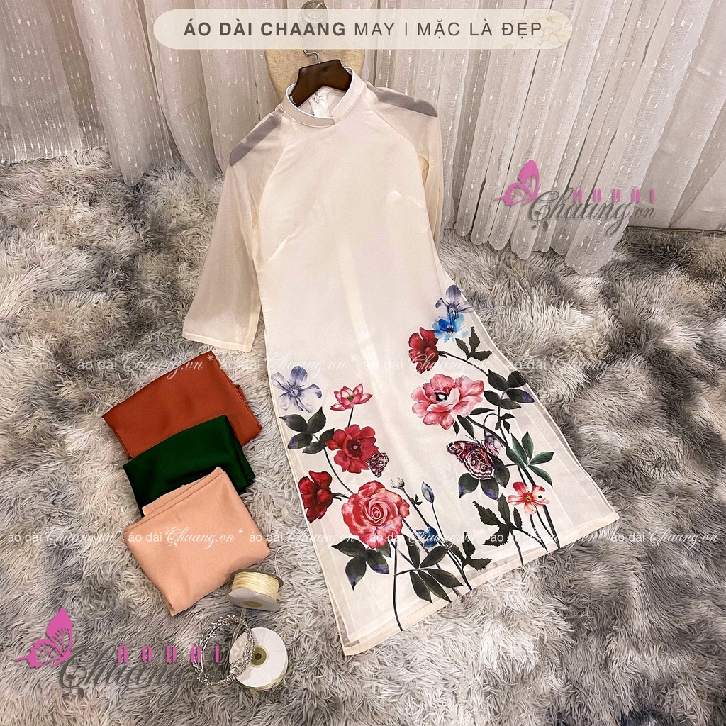 Áo Dài Cách Tân Nữ Dáng Xuông 4 Tà Chân Hoa Cổ Vuông Lụa Da Tơ Óng CHAANG021