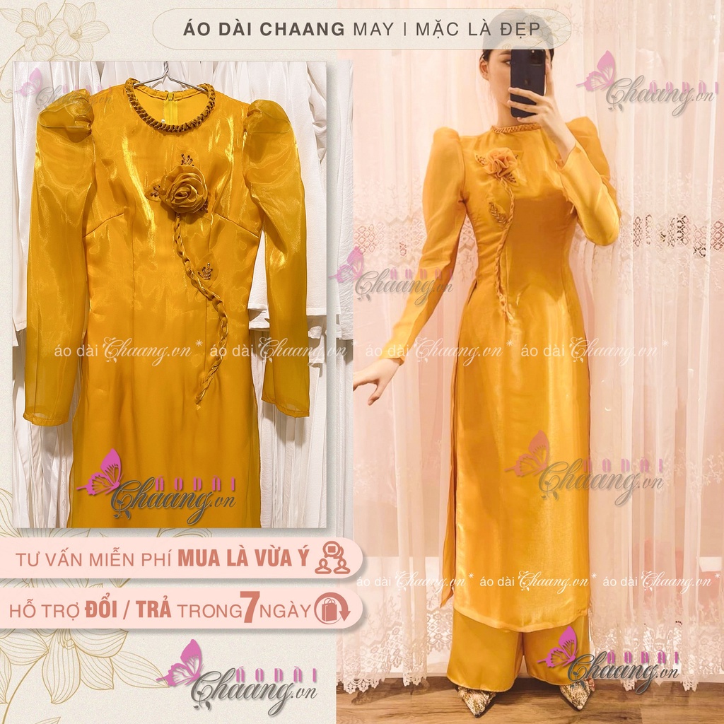 Áo Dài Cách Tân Nữ Cao Cấp May Sẵn Tay Bồng Lụa Tơ 4 Tà Cổ Tròn Kết Hoa Thủ Công Phù Hợp Dự Tiệc Lễ Tết Đẹp