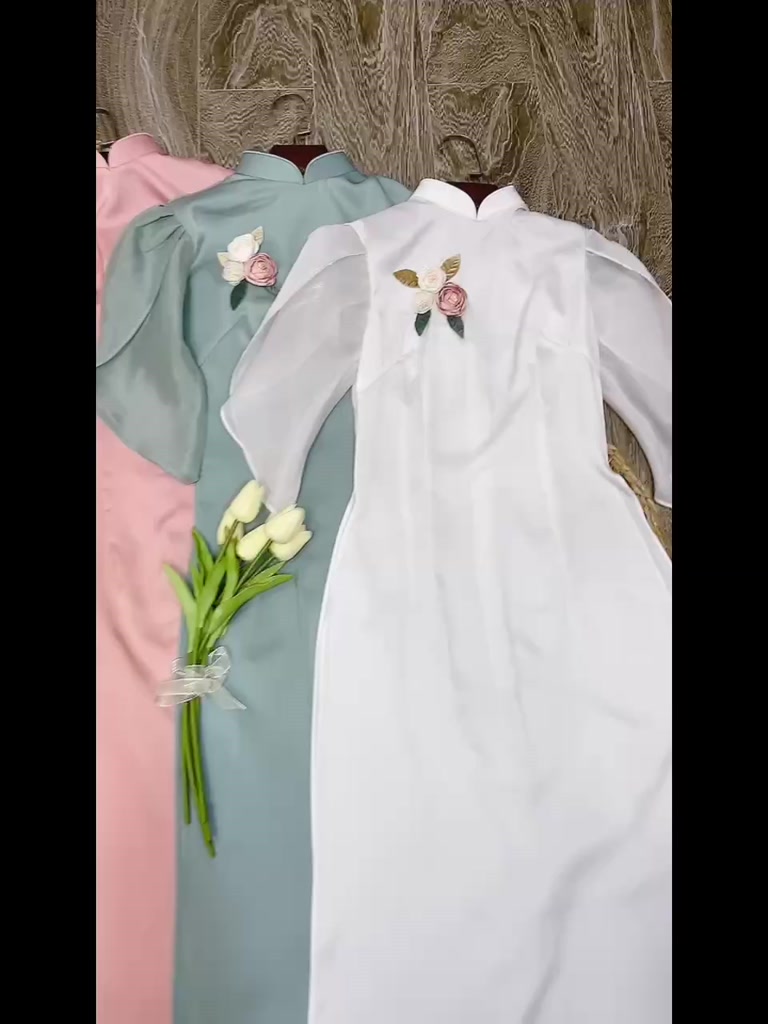 Áo dài cách tân nữ tay cánh hoa hồng Chaang may sẵn vải lụa dáng truyền thống dự tiệc cưới lễ tết đẹp ADC683