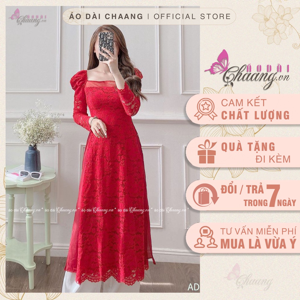 Áo Dài Đỏ Cách Tân Nữ Ren Phủ 4 Tao Cấp Cổ Voon Vuông Trễ Tay Vai Bồng Dài Dự Tiệc Lễ Tết Đẹp