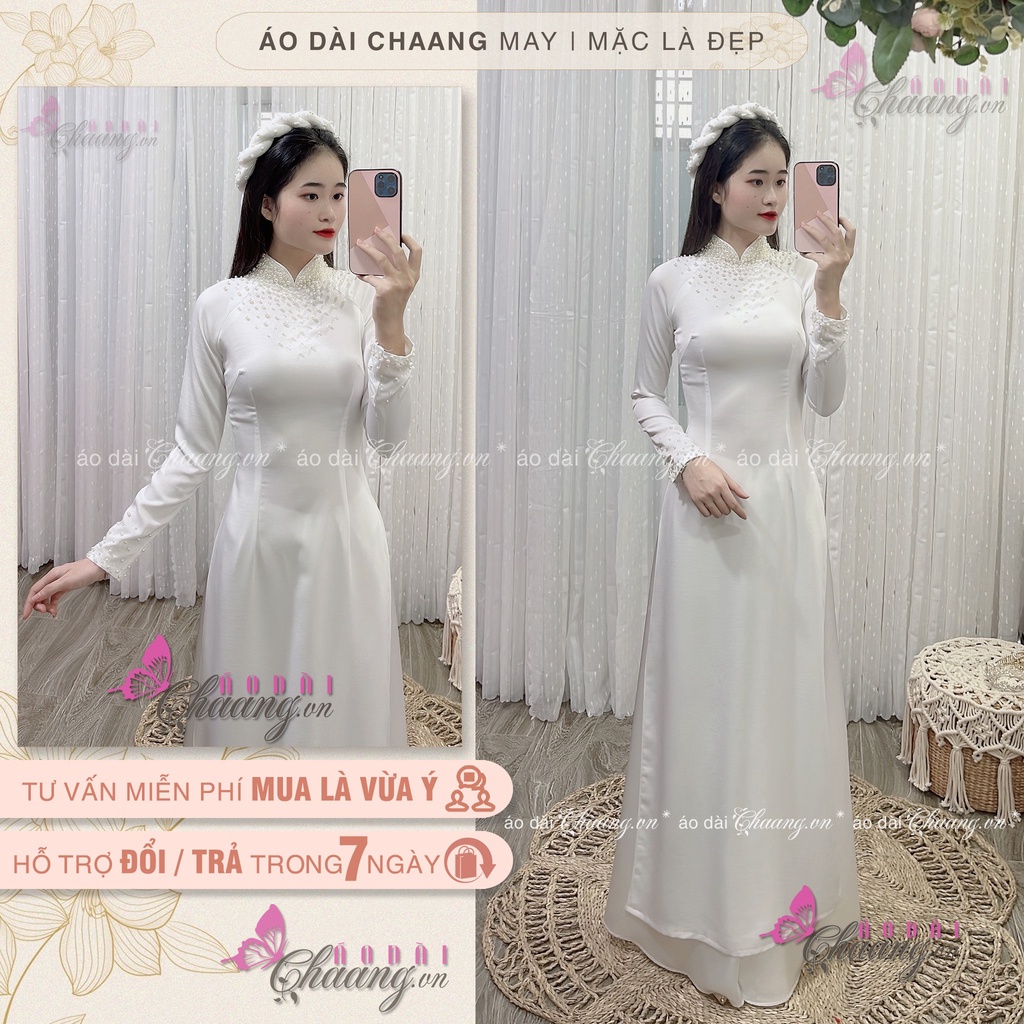 Áo dài đính đá cườm Chaang May thiết kế áo dài xinh tủa hạt ngọc cô dâu dự tiệc ăn hỏi lễ tết đẹp