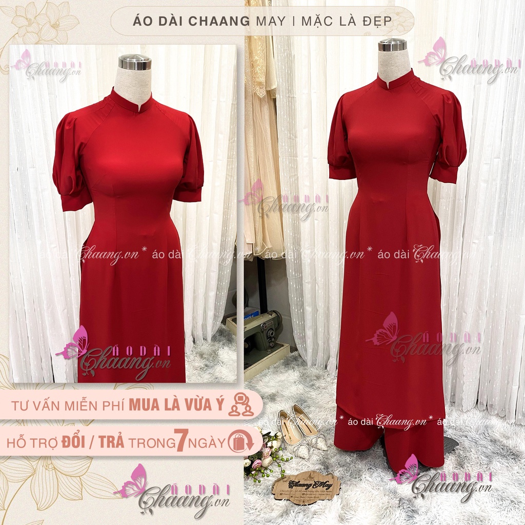 Áo Dài Tết Cách Tân Nữ Thiết Kế Tay Bồng Măng Séc Chaang May sẵn vải Lụa Đỏ dự tiệc cưới lễ tết đẹp