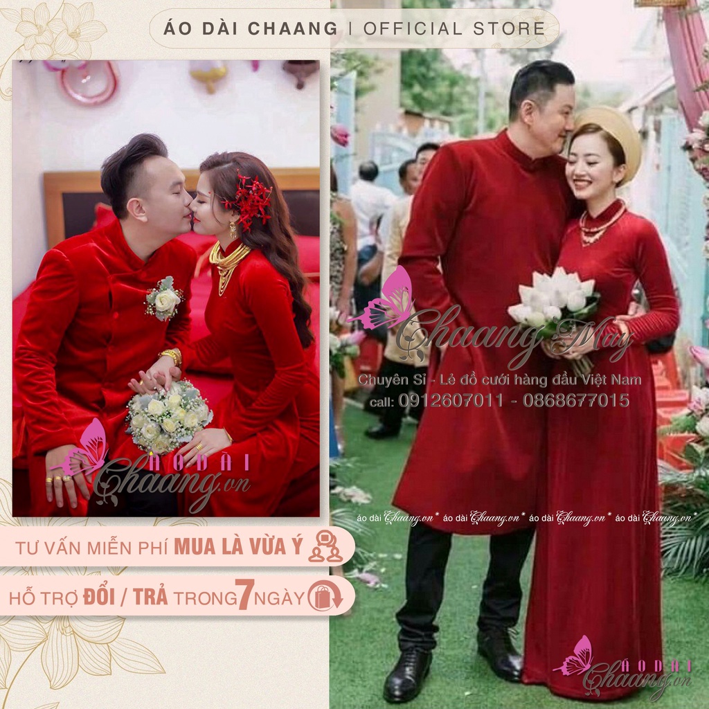 Áo dài cưới cặp đôi cô dâu chú rể Chaang may sẵn áo dài nhung đỏ ăn hỏi sang trọng dự tiệc lễ tết đẹp ADC120